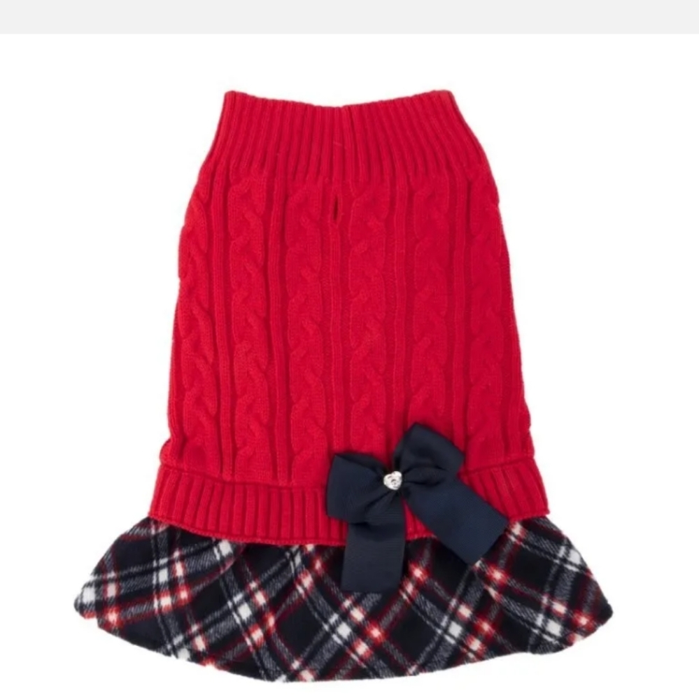 Vibrant Life Bow Dog Skirt Sweater, Red Plaid, (S), New without tags